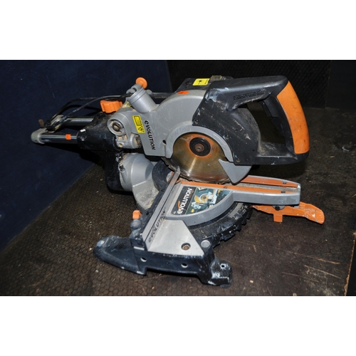 63 - AN EVOLUTION RAGE 3-S 210MM MULTI PURPOSE COMPOUND MITRE SAW with 8in blade (PAT pass and working)