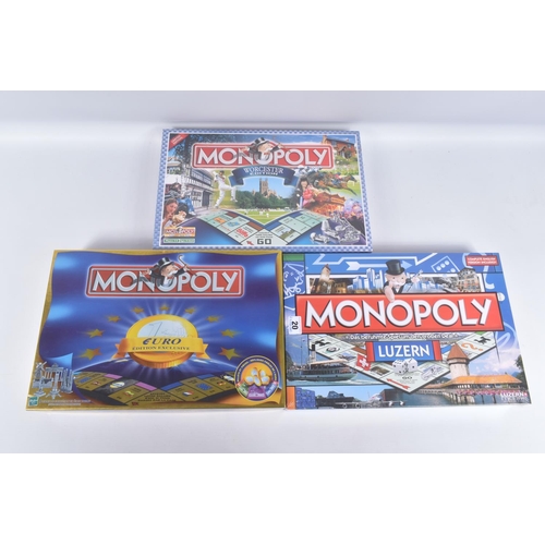 20 - THREE BOXED HASBRO MONOPOLY SETS, to include a sealed 2006 Worcester Edition, a unsealed 1999 Parker... 