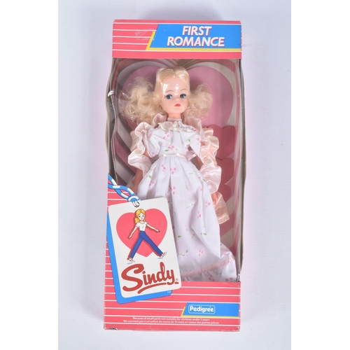 42 - A BOXED PEDIGREE SINDY FIRST ROMANCE DOLL, numbered 42019, white floral dress, appears complete, pri... 