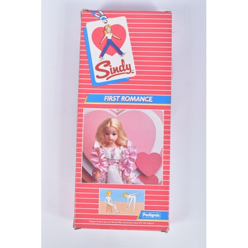 42 - A BOXED PEDIGREE SINDY FIRST ROMANCE DOLL, numbered 42019, white floral dress, appears complete, pri... 