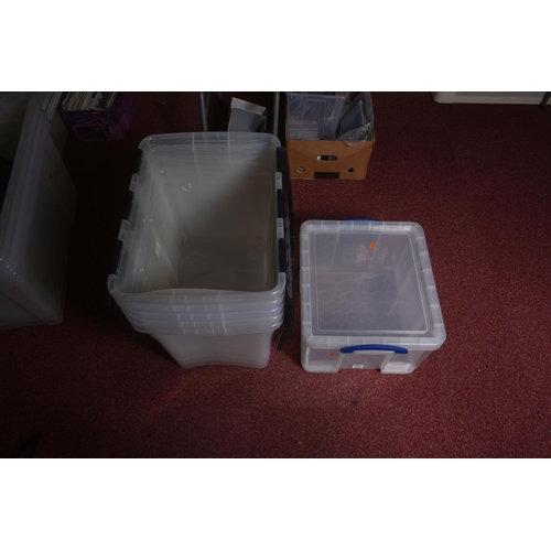 82 - A QUANTITY OF EMPTY PLASTIC BOXES, assorted sizes, all with lids included or attached, 17 in total