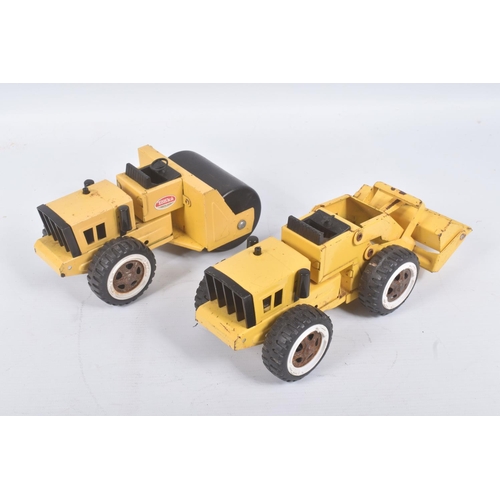 123 - SEVEN ITEMS OF TONKA TOYS CONSTRUCTION EQUIPMENT, two tracked Loading Shovels with rear Ditching Buc... 