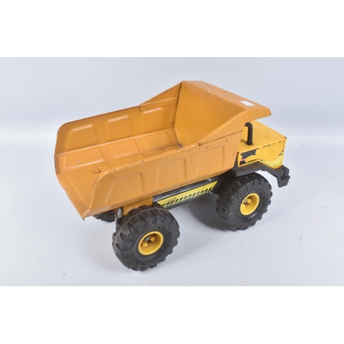 126 - FOUR MIGHTY TONKA TOYS DUMPER TRUCKS, all in playworn condition with paint loss, surface rusting, ma... 