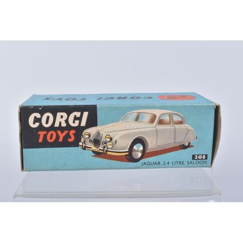 133 - A BOXED CORGI TOYS JAGUAR 2.4 LITRE CAR, numbered 208, added tax disk to window, metal wheels and bl... 