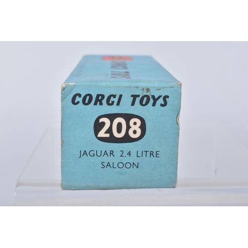 133 - A BOXED CORGI TOYS JAGUAR 2.4 LITRE CAR, numbered 208, added tax disk to window, metal wheels and bl... 