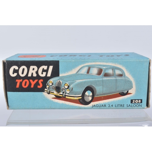 133 - A BOXED CORGI TOYS JAGUAR 2.4 LITRE CAR, numbered 208, added tax disk to window, metal wheels and bl... 