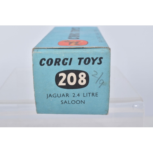 133 - A BOXED CORGI TOYS JAGUAR 2.4 LITRE CAR, numbered 208, added tax disk to window, metal wheels and bl... 