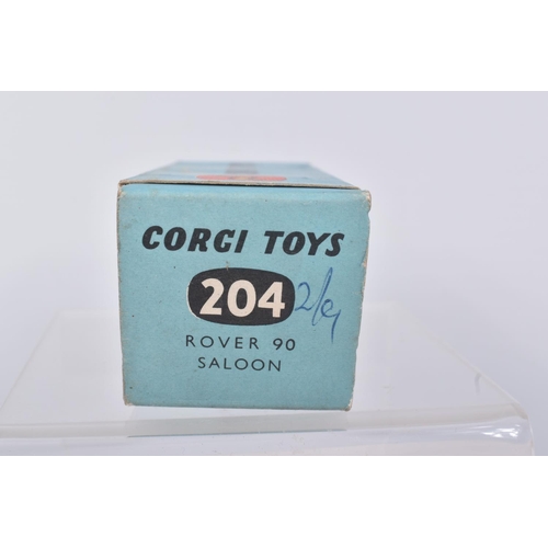 134 - A BOXED CORGI TOYS ROVER 90 CAR, numbered 204, light grey body, flat hubs, silvered detail, added ta... 