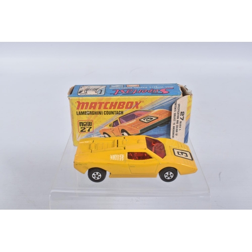 189 - FOUR BOXED MATCHBOX SUPERFAST MODEL CARS, the first a 27 e New Lamborghini Countach, yellow body, re... 