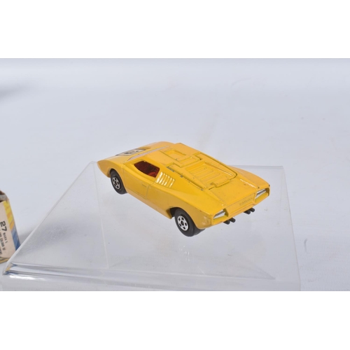 189 - FOUR BOXED MATCHBOX SUPERFAST MODEL CARS, the first a 27 e New Lamborghini Countach, yellow body, re... 