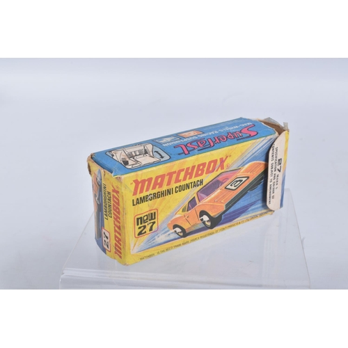 189 - FOUR BOXED MATCHBOX SUPERFAST MODEL CARS, the first a 27 e New Lamborghini Countach, yellow body, re... 