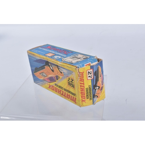 189 - FOUR BOXED MATCHBOX SUPERFAST MODEL CARS, the first a 27 e New Lamborghini Countach, yellow body, re... 