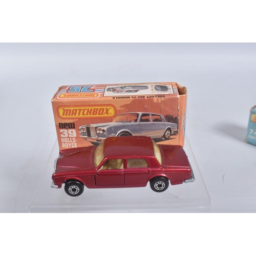 190 - FIVE BOXED MATCHBOX SUPERFAST 75 MODEL CARS, 39 c New Rolls Royce Silver Shadow, red metallic body, ... 