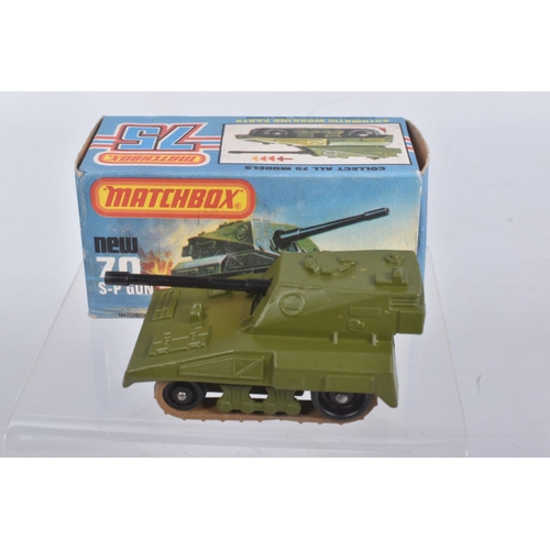 191 - SIX BOXED MATCHBOX SUPERFAST 75 MODEL CARS, the first is a a New 70c S.P. Gun in military green, bro... 