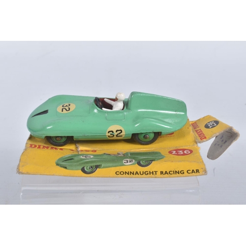 201 - FOUR BOXED DIECAST DINKY TOYS MODEL SPORTS CARS, the first a Mercedes Benz Racing Car, reference 237... 