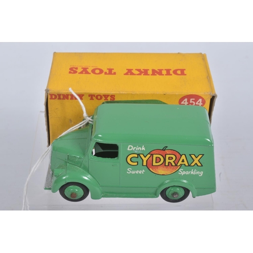 202 - TWO BOXED DINKY TOYS VANS, Trojan 'Cydrax', No.454, green body with three green ridged hubs and one ... 