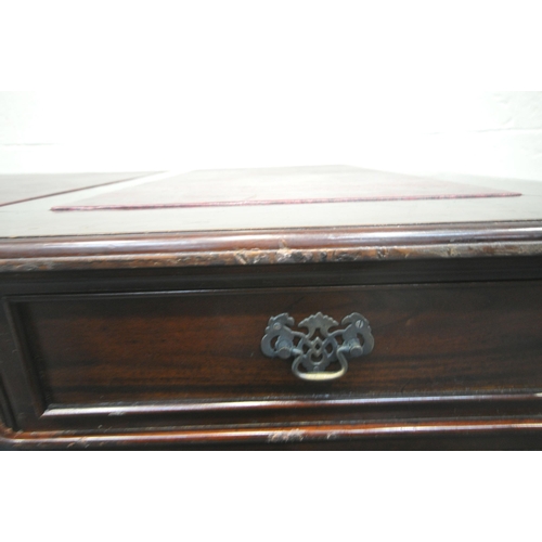 152 - A REPRODUCTION GEORGIAN STYLE MAHOGANY PARTNERS DESK, with three plumb leatherette writing surfaces,... 