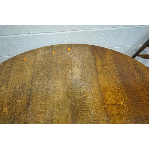 166 - A 20TH CENTURY OAK GATE LEG TABLE, raised on turned legs, united by stretchers, open width 137cm x c... 