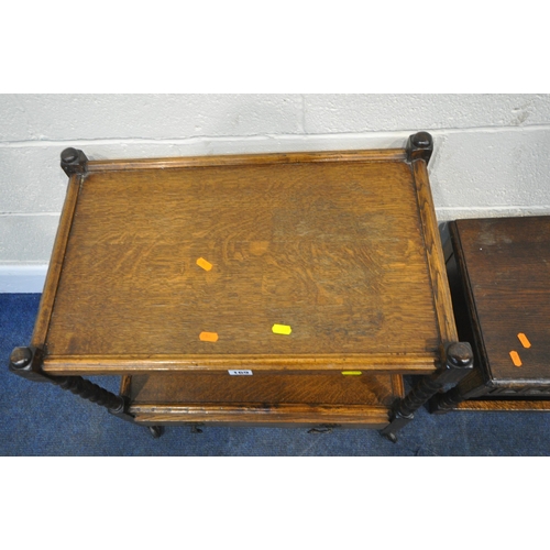 169 - THREE PIECES OF 20TH CENTURY OAK OCCASIONAL FURNITURE, to include a two tier trolley, with barley tw... 