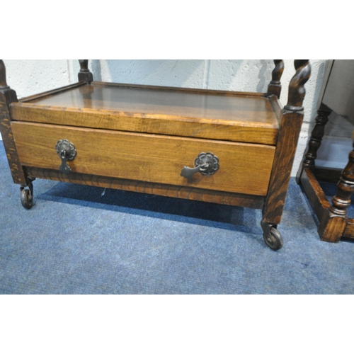 169 - THREE PIECES OF 20TH CENTURY OAK OCCASIONAL FURNITURE, to include a two tier trolley, with barley tw... 