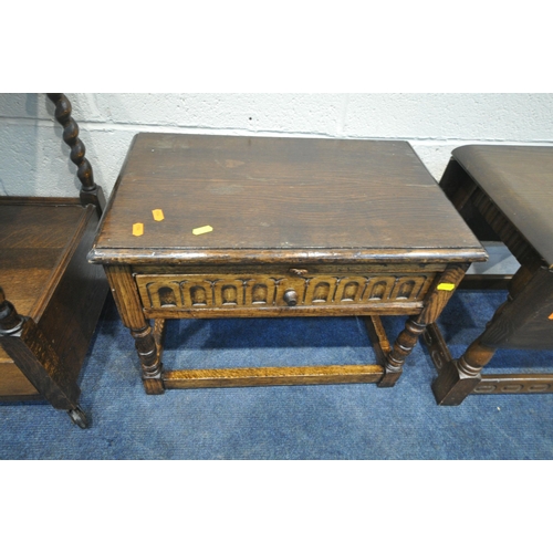 169 - THREE PIECES OF 20TH CENTURY OAK OCCASIONAL FURNITURE, to include a two tier trolley, with barley tw... 