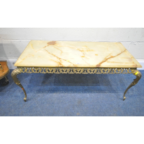 180 - A RECTANGULAR BRASS COFFEE TABLE, with an onyx top, width 106cm x depth 45cm x height 43cm, along wi... 