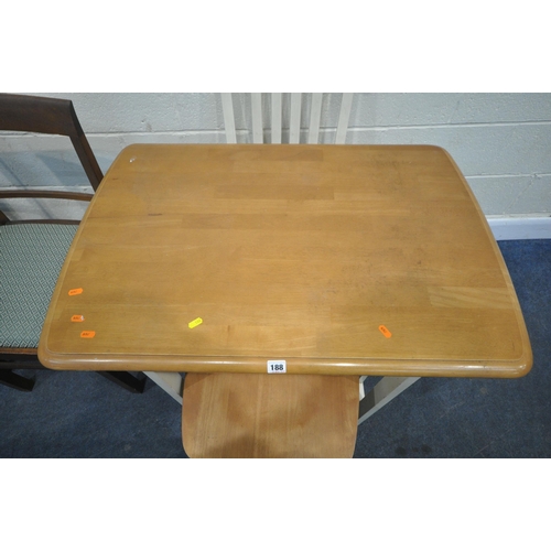 188 - A PARTIALLY WHITE PAINTED TABLE, width 92cm x depth 63cm x height 77cm, a pair of matching chairs, a... 