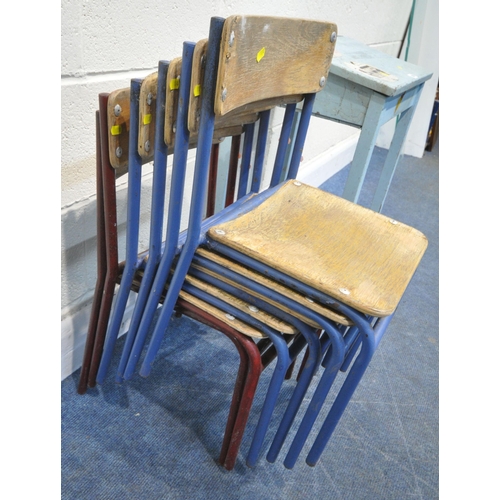 190 - A BLUE PAINTED CHILDS DESK, along with six child's stacking chairs, condition report: all with marks... 