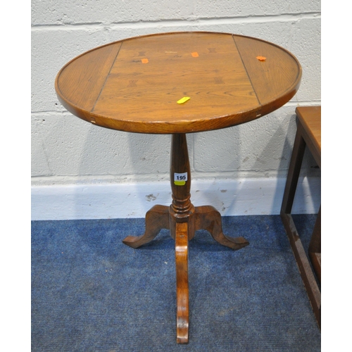 195 - WILLIS AND GAMBIER, A CIRCULAR OAK TRIPOD TABLE, diameter 45cm x height 60cm, another tripod table, ... 