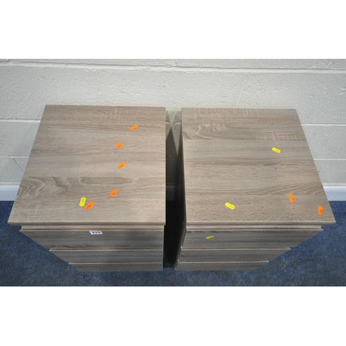 214 - A PAIR OF MODERN THREE DRAWER BEDSIDE CHESTS, width 39cm x depth 40cm x height 72cm, condition repor... 