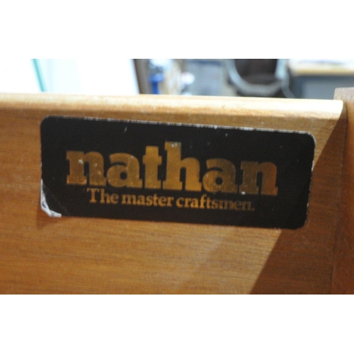 215 - NATHAN, A MID CENTURY TEAK BOOKCASE, with two drawers, over double glass sliding doors, width 102cm ... 