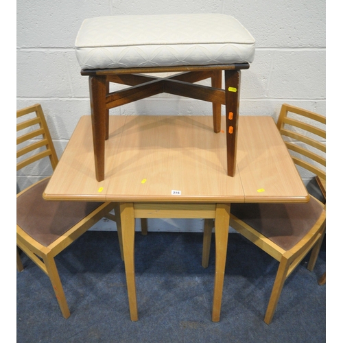 216 - A FORMICA TOP DROP LEAF TABLE, open width 92cm x depth 62cm x height 78cm, a pair of chairs, a stool... 