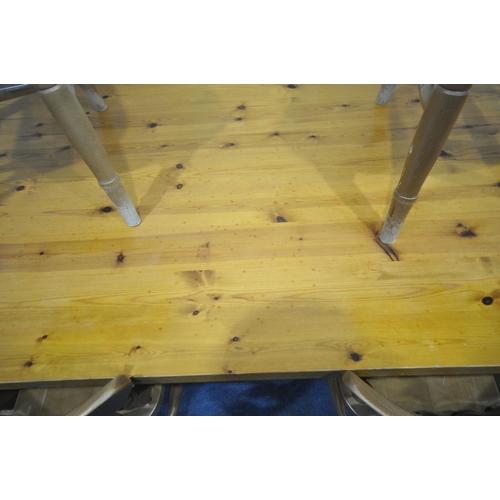 222 - A PINE RECTANGULAR TABLE, raised on turned legs, length 168cm x depth 84cm x height 78cm, along with... 