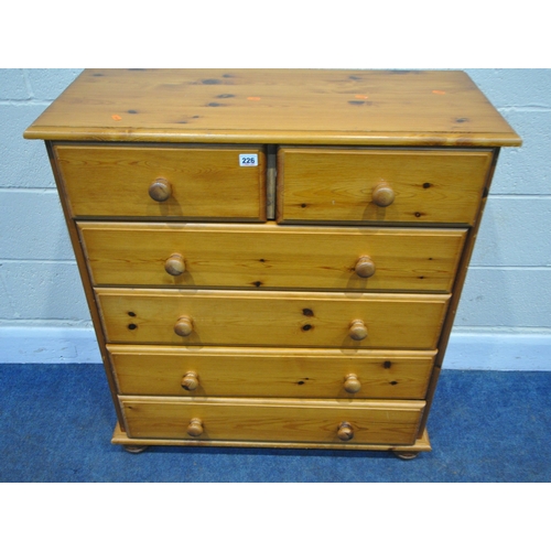 226 - A MODERN PINE CHEST OF TWO SHORT OVER FOUR LONG DRAWERS, raised on bun feet, width 86cm x depth 41cm... 