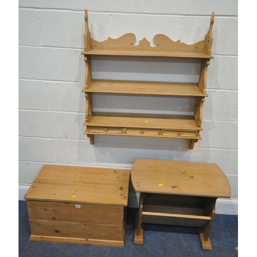 227 - THREE PIECES OF PINE OCCASIONAL FURNITURE, to include a small storage chest, width 70cm x depth 39cm... 