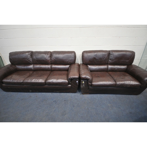 228 - A BROWN LEATHER TWO PIECE LOUNGE SUITE, comprising a three seater sofa, length 230cm x depth 93cm x ... 