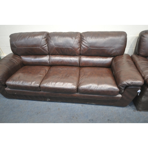 228 - A BROWN LEATHER TWO PIECE LOUNGE SUITE, comprising a three seater sofa, length 230cm x depth 93cm x ... 