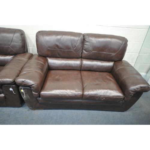 228 - A BROWN LEATHER TWO PIECE LOUNGE SUITE, comprising a three seater sofa, length 230cm x depth 93cm x ... 