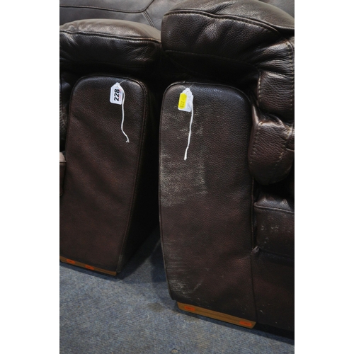 228 - A BROWN LEATHER TWO PIECE LOUNGE SUITE, comprising a three seater sofa, length 230cm x depth 93cm x ... 