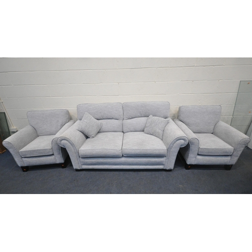 229 - A MODERN GREY THREE PIECE LOUNGE SUITE, comprising a two seater sofa, length 194cm x depth 94cm x he... 