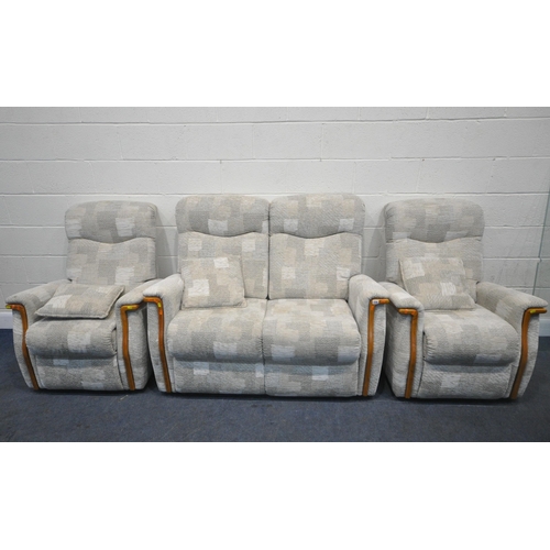 230 - A BEIGE UPHOLSTERED THREE PIECE LOUNGE SUITE, comprising a two seater sofa 136cm x depth 89cm x heig... 