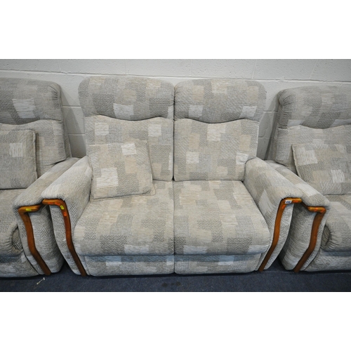 230 - A BEIGE UPHOLSTERED THREE PIECE LOUNGE SUITE, comprising a two seater sofa 136cm x depth 89cm x heig... 