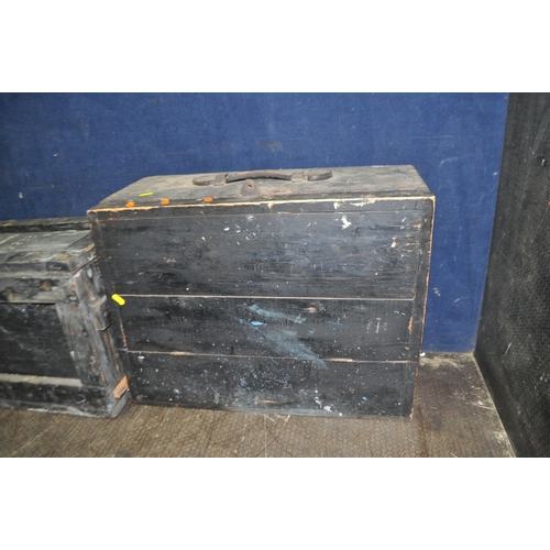 56 - A VINTAGE CARPENTERS TOOLBOX, containing a small amount of tools, a military wooden chest and a work... 