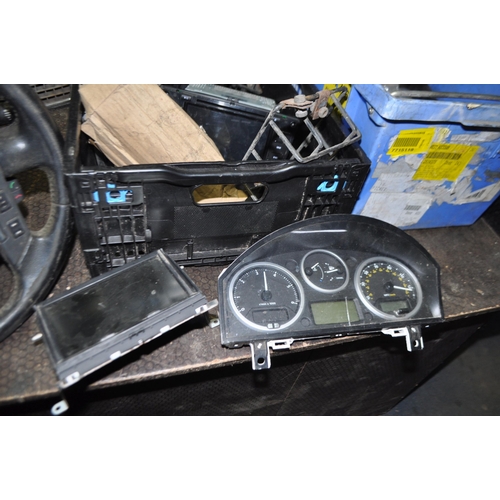 68 - TWO TRAYS CONTAINING VINTAGE AND MODERN CAR PARTS, including two late 20th Century Mercedes front gr... 