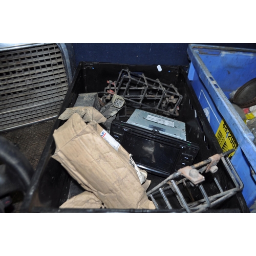 68 - TWO TRAYS CONTAINING VINTAGE AND MODERN CAR PARTS, including two late 20th Century Mercedes front gr... 