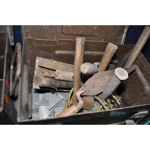 82 - TWO 1960 MILITARY 'AMMO' BOXES, containing tools including a vintage aluminium petrol cap, a pair of... 