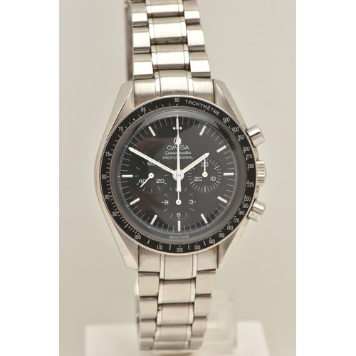 405 - AN 'OMEGA' SPEEDMASTER MOON WRISTWATCH, automatic movement, round black chronograph dial, signed 'Om... 