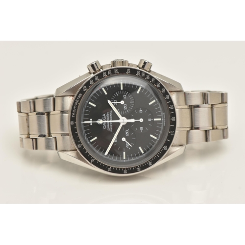 405 - AN 'OMEGA' SPEEDMASTER MOON WRISTWATCH, automatic movement, round black chronograph dial, signed 'Om... 