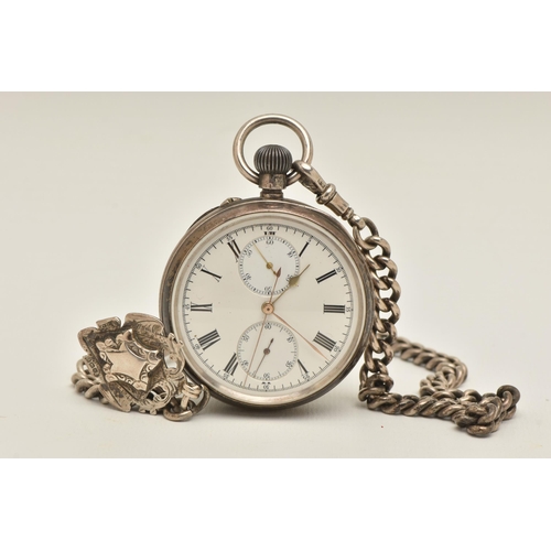 408 - AN OPEN FACE CHRONOGRAPH POCKET WATCH, hand wound movement, round white dial, unsigned, Roman numera... 