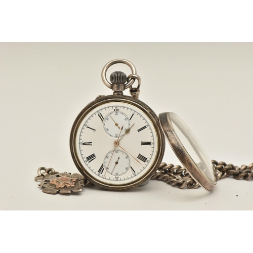 408 - AN OPEN FACE CHRONOGRAPH POCKET WATCH, hand wound movement, round white dial, unsigned, Roman numera... 